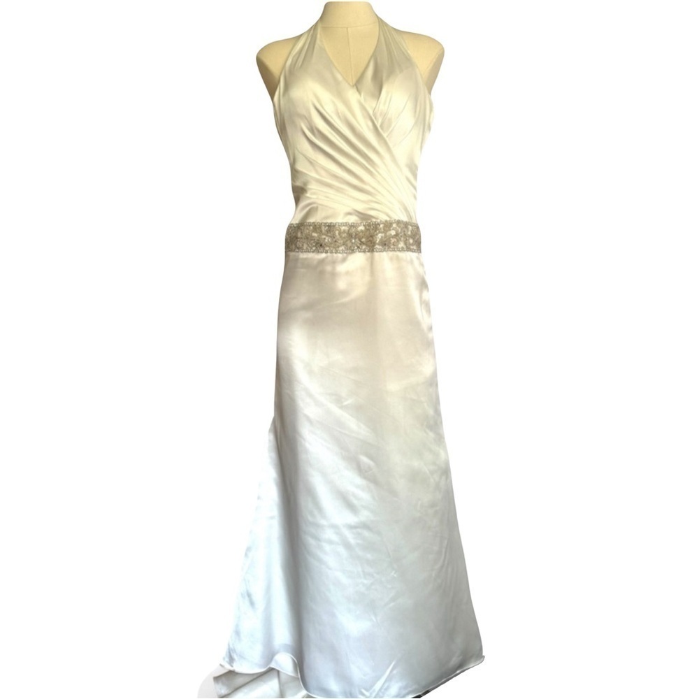 GALINA SIGNATURE NWT womens ivory ruched bodice charmeuse halter bridal gown